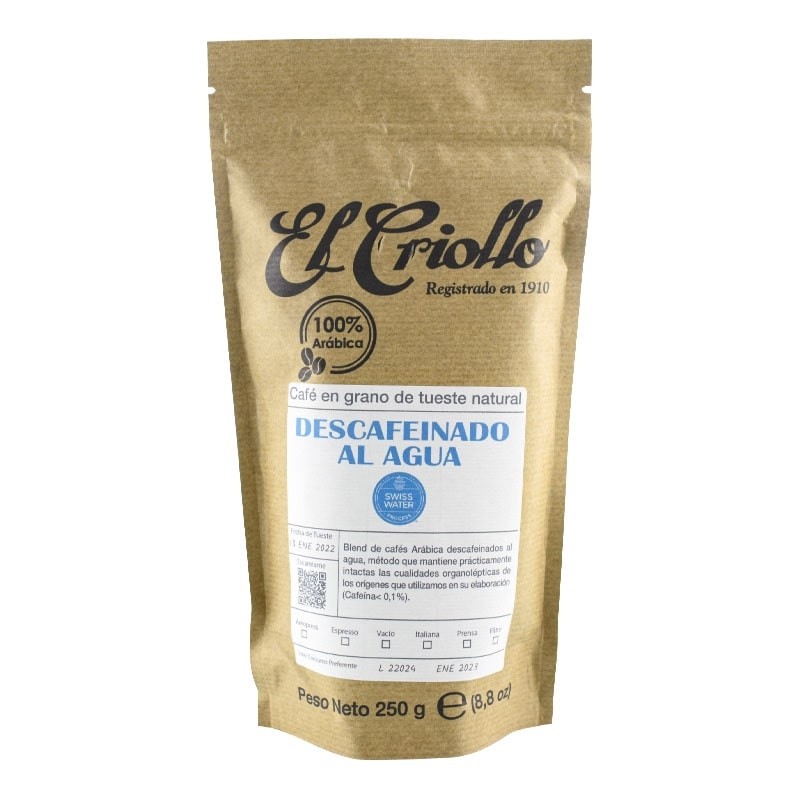 Café en grano descafeinado al agua El Criollo 250 g