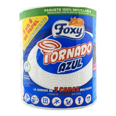 Papel de cocina multiusos extra resistente triple capa Foxy Tornado Azul rollo 340 servicios
