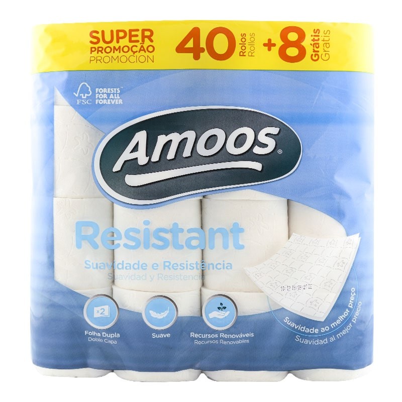 Papel higiénico doble capa Amoos Resistant 40 rollos + 8 gratis Papel higiénico doble capa Amoos Resistant 40 rollos + 8 gratis