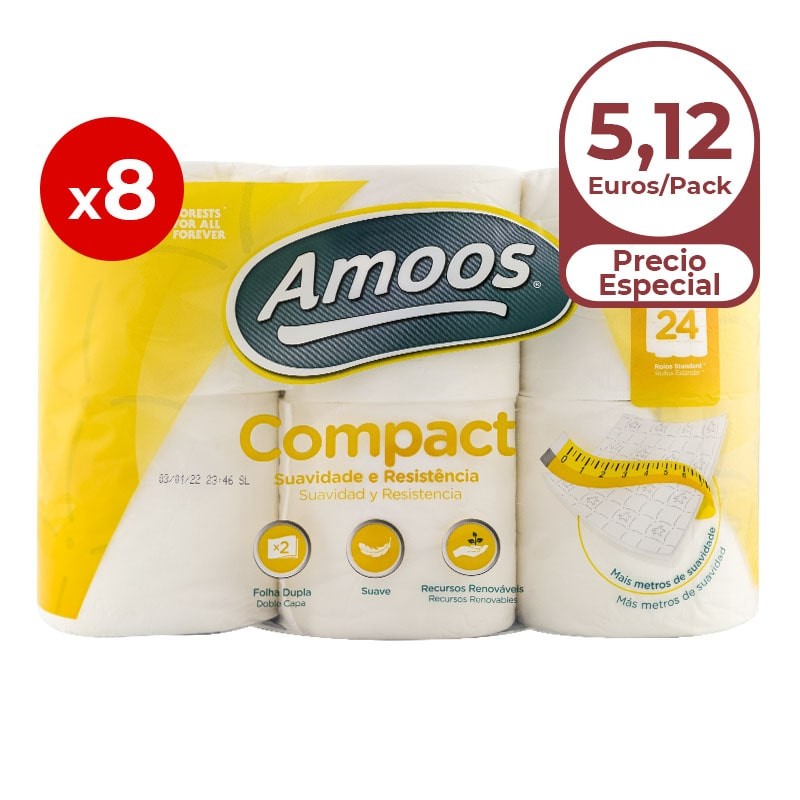 Papel higiénico doble capa Amoos 8 packs de 12 rollos