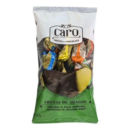Frutas de Aragón confitadas recubiertas en chocolate negro Caro 250 g