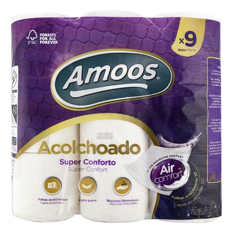 Papel higiénico triple capa Amoos Acolchado Air Comfort 9 rollos