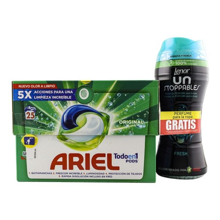 Detergente Ariel Pods Todo en 1 Original 25 cápsulas + Lenor Unstoppables Fresh 15 lavados gratis