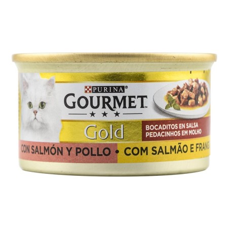 Comida húmeda para gatos adultos con salmón y pollo en salsa Purina Gourmet Gold lata 85 g