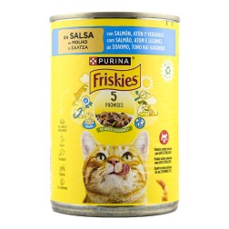 Comida húmeda para gatos con salmón atún y verduras en salsa Friskies 5 Promesas lata 400 g