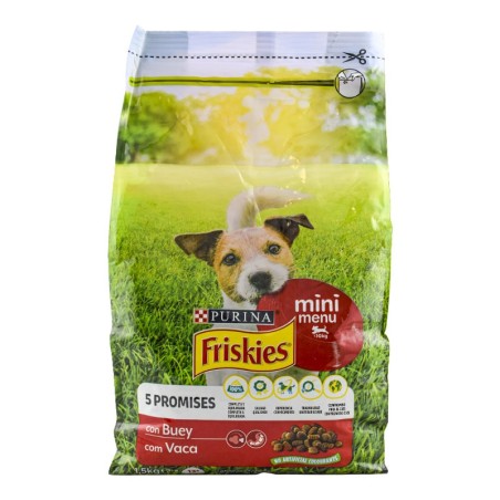 Pienso para perros adultos de razas pequeñas con buey Friskies 5 Promesas saco 1.5 kg