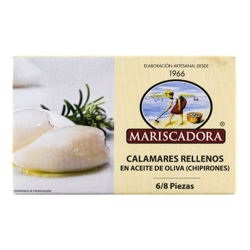 Calamares rellenos en aceite de oliva Mariscadora 6-8 piezas lata 110 g Calamares rellenos en aceite de oliva Mariscadora 6-8 piezas lata 110 g
