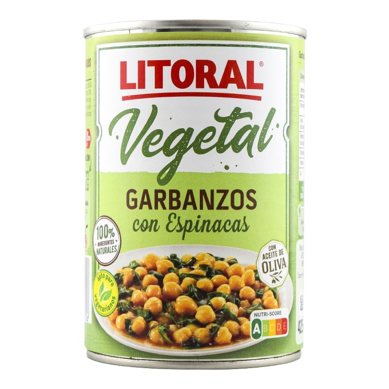 Garbanzos con espinacas con aceite de oliva sin gluten Litoral Vegetal lata 425 g Garbanzos con espinacas con aceite de oliva sin gluten Litoral Vegetal lata 425 g