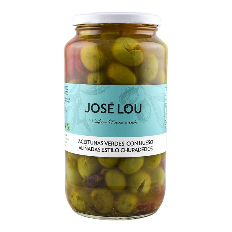 Aceitunas verdes con hueso aliñadas estilo chupadedos José Lou 900 g Aceitunas verdes con hueso aliñadas estilo chupadedos José Lou 900 g
