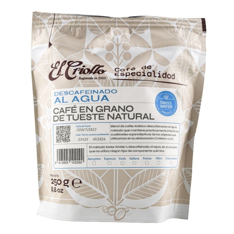 Café de especialidad en grano descafeinado al agua El Criollo paquete 250 g