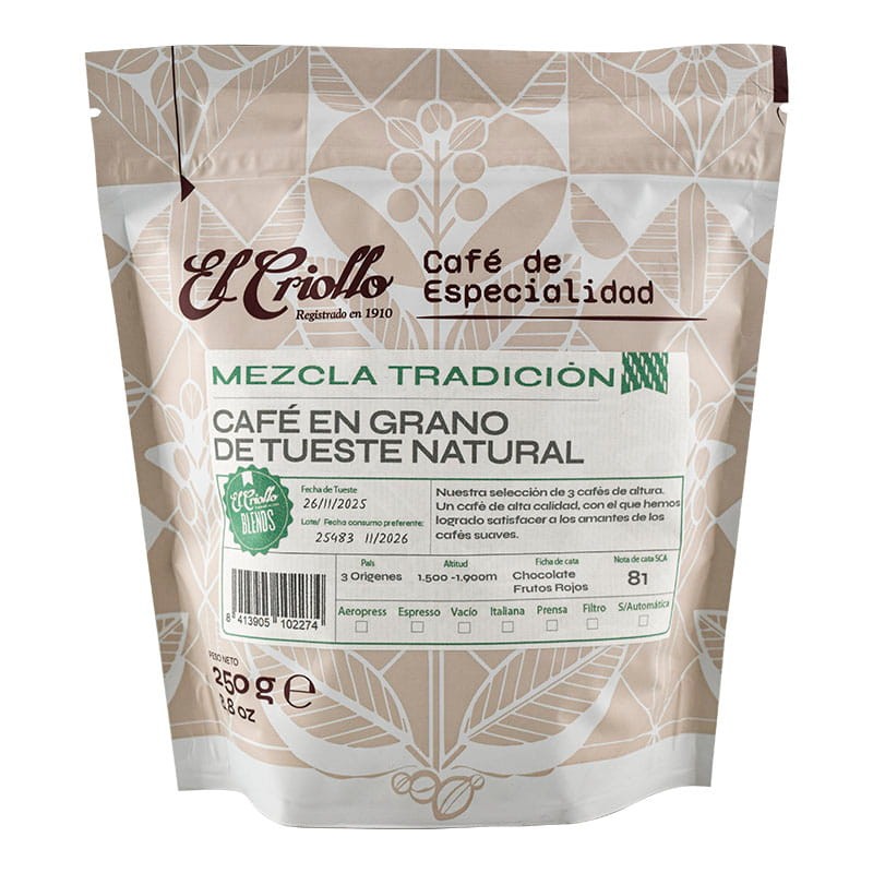 Café de especialidad en grano mezcla El Criollo Tradición paquete 250 g