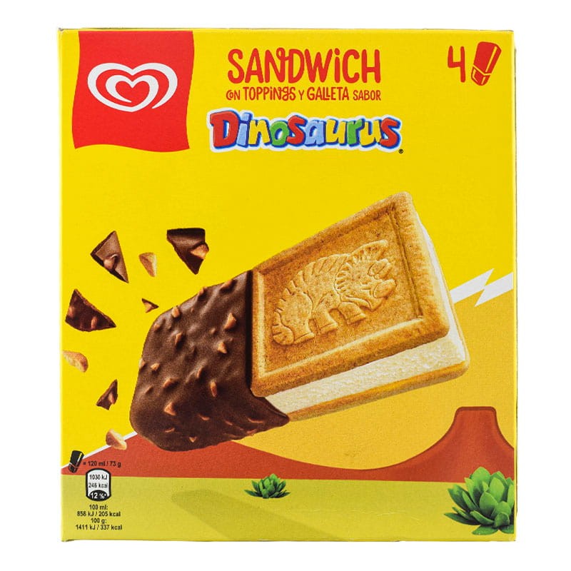 Sandwich de helado con toppings y galleta sabor Dinosaurus caja 4 ud 480 ml Sandwich de helado con toppings y galleta sabor Dinosaurus caja 4 ud 480 ml