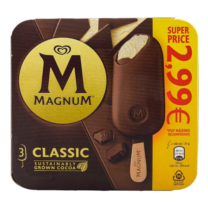 Helado de vainilla con chocolate con leche sin gluten Magnum Classic caja 3 ud 300 ml