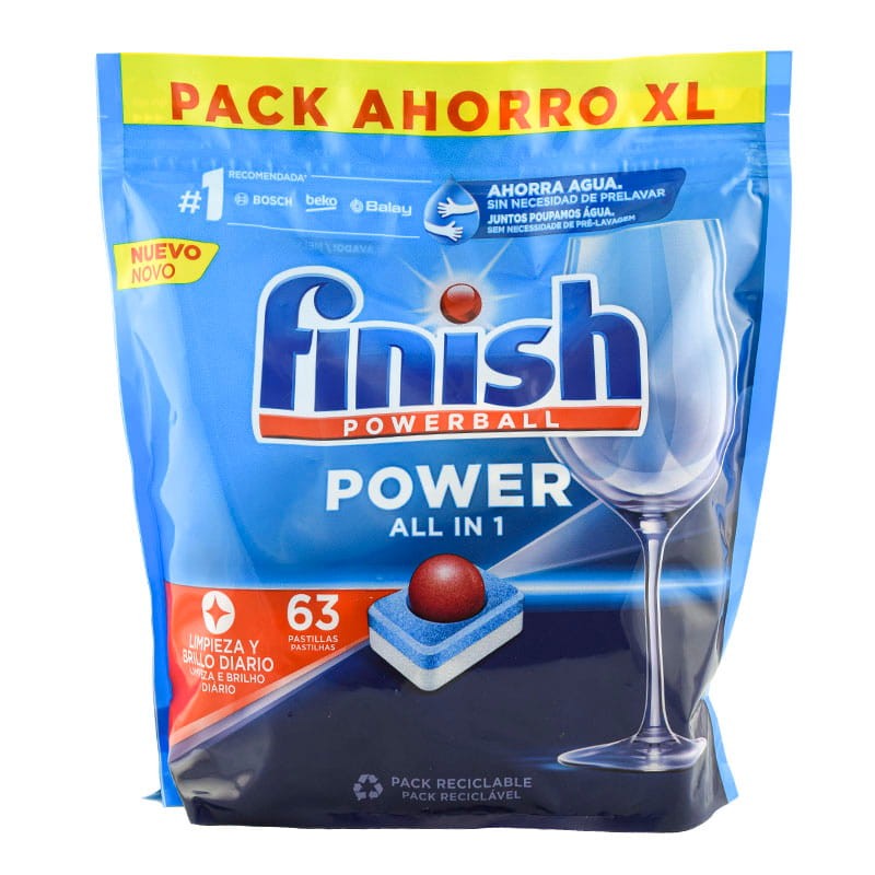 Detergente lavavajillas Finish Powerball Power Todo en 1 bolsa 63 pastillas